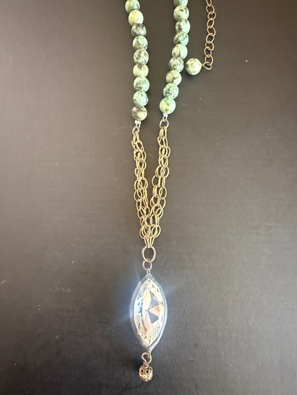 Green Beaded Necklace with Crystal Pendant - Brand Unspecified